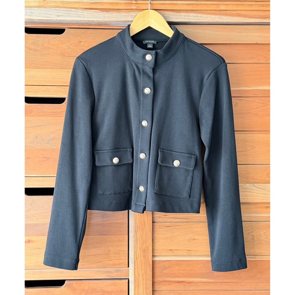 Ann Taylor Size M Cropped Knit Jacket Stand Collar Black Gold Buttons All Cotton